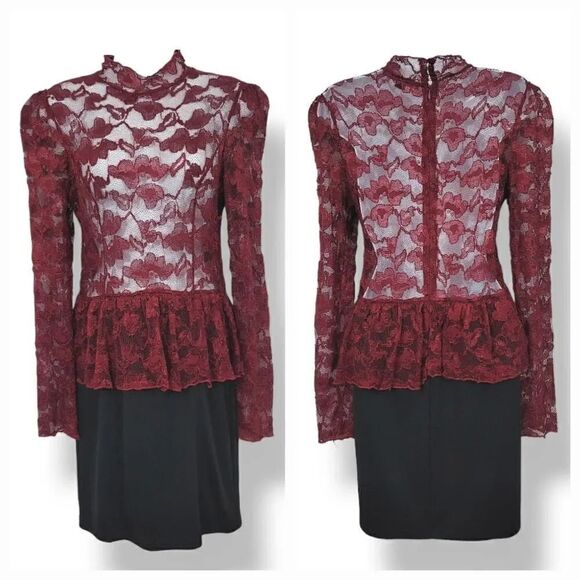Forever 21 Sheer Lace Longsleeve Peplum Mini Dress in Wine/Black Size Medium - Picture 1 of 9